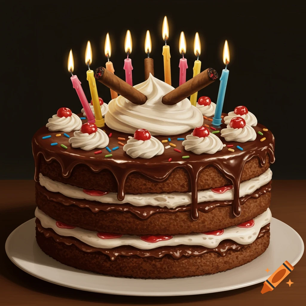 A realistic three-layer chocolate birthday cake topped with whipped cream, cherries, sprinkles, and candles shaped like cigars.