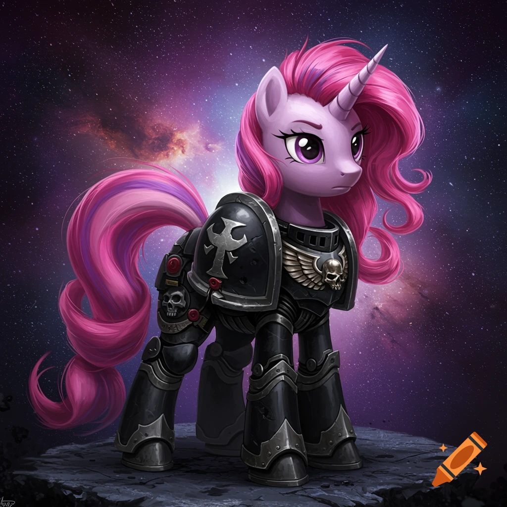 A purple My Little Pony unicorn with pink hair wears black Space Marine armor, standing on rocks against a cosmic background. Illustration.