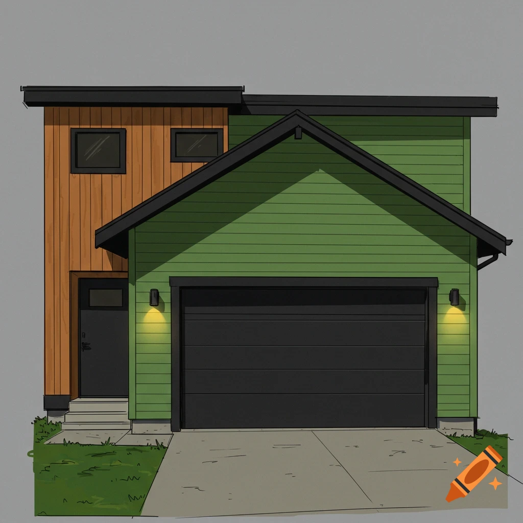 Illustration of a modern house with green and wood siding, a large black garage door, and black trim.