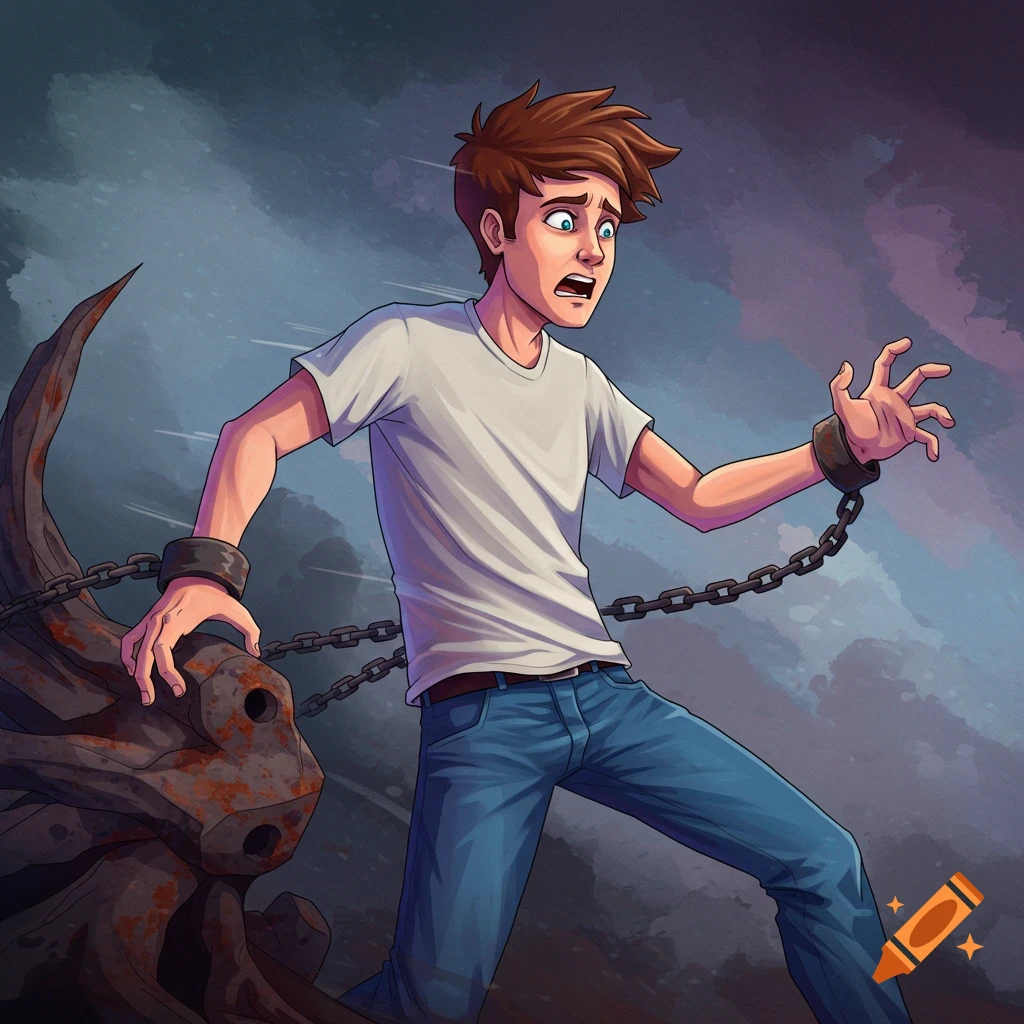 Animated drawing of a scared young man chained to a large rusty object.