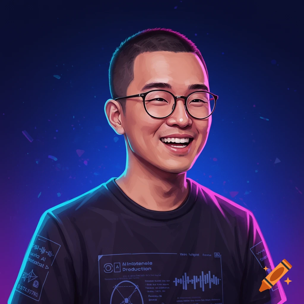 Illustrated portrait of a smiling person with glasses and a tech-patterned shirt against a neon background.