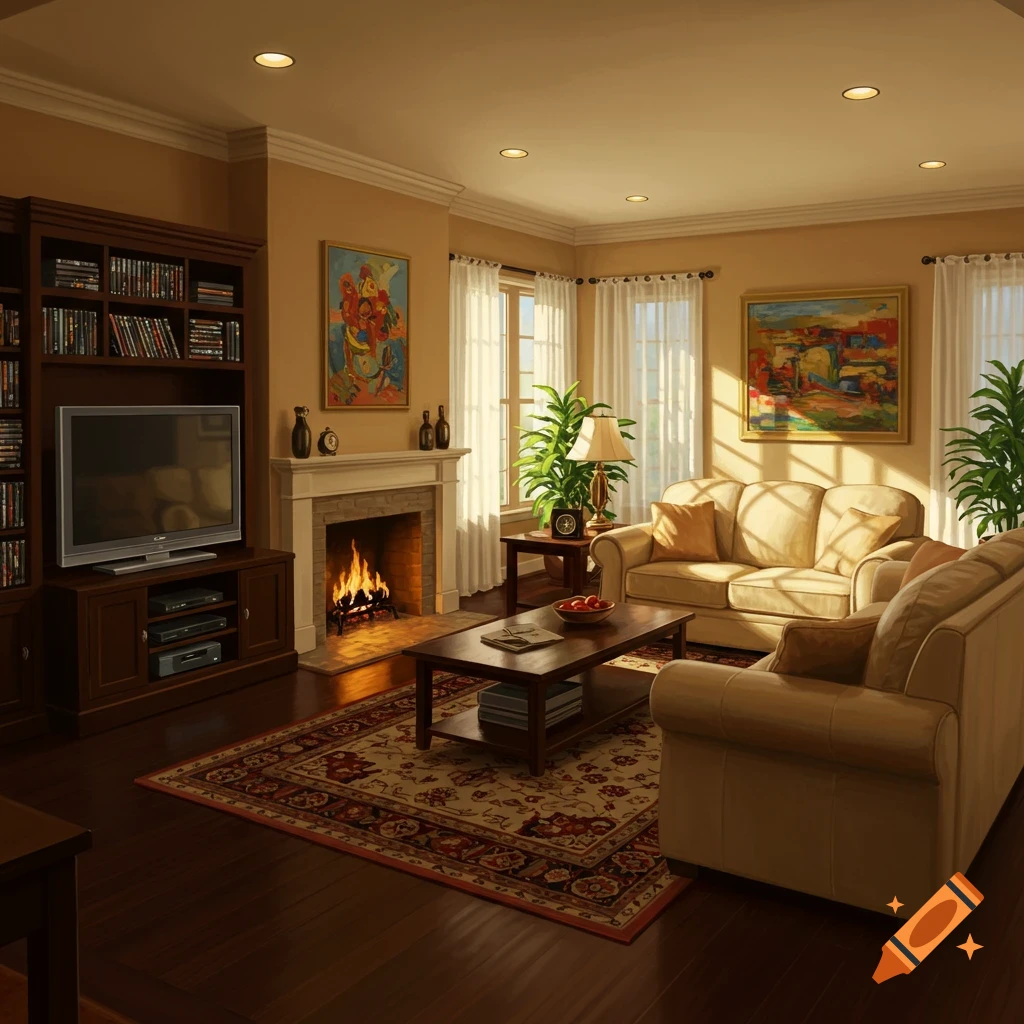 A cozy living room interior with a fireplace, bookshelf, two sofas, and large windows.