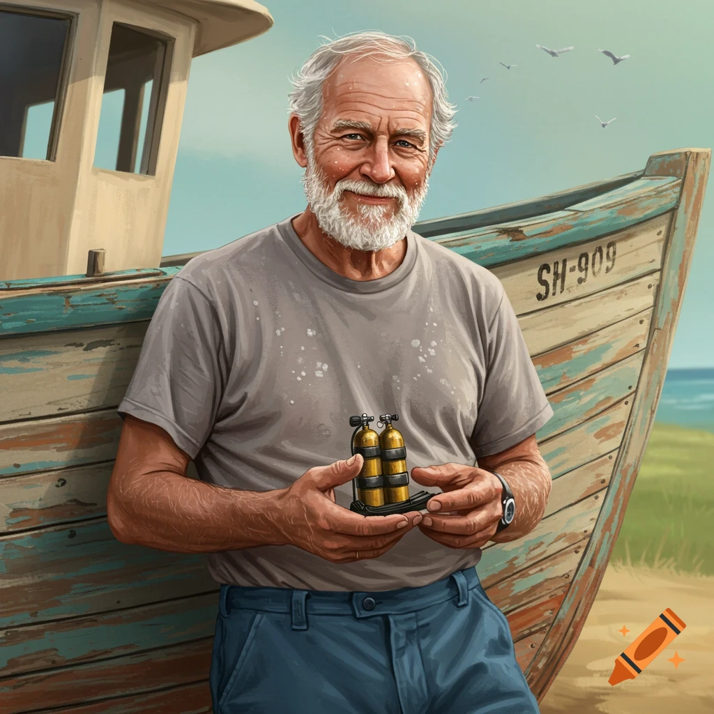 Illustration of an older man, a retired diver, holding miniature scuba tanks next to a boat on a beach.