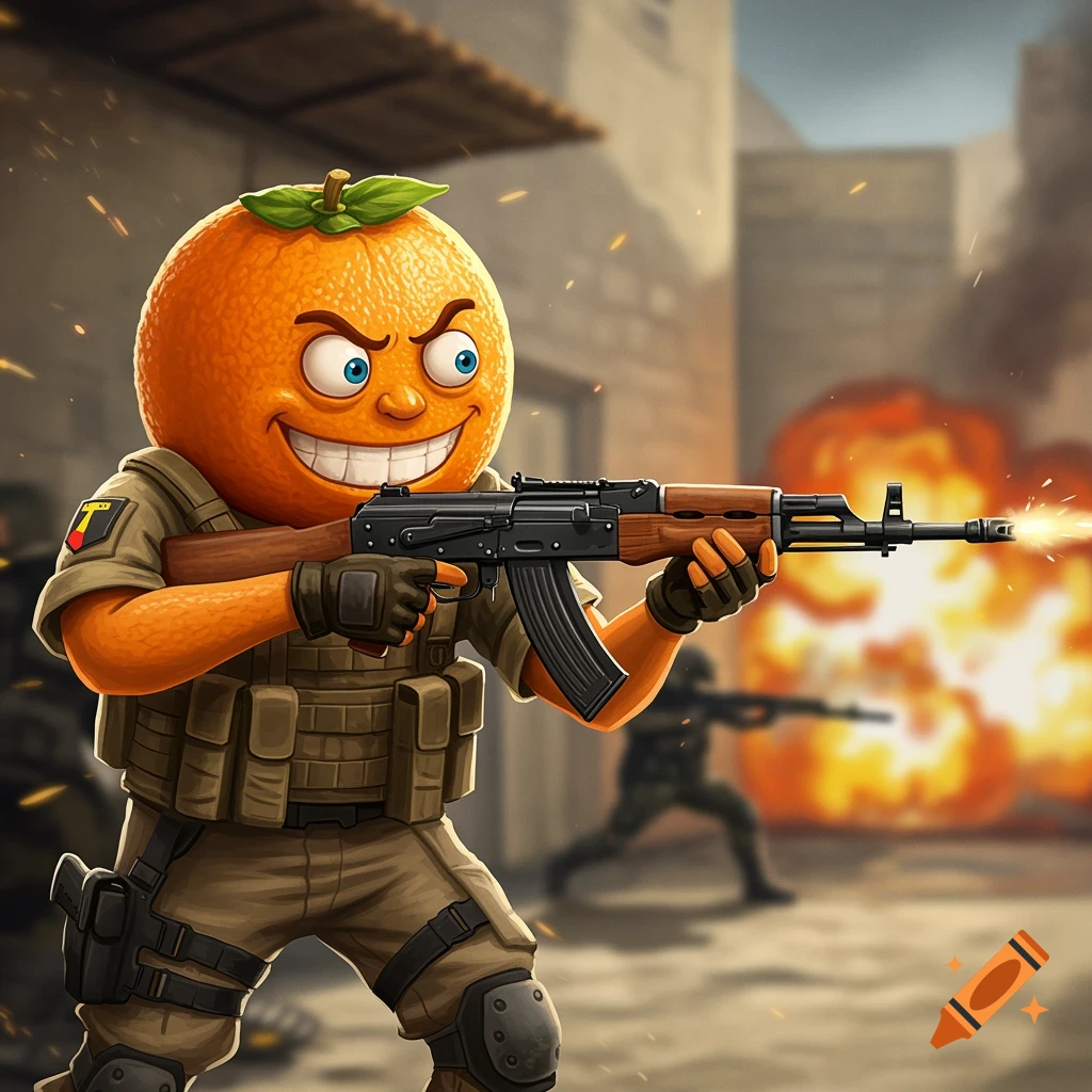 Cartoon orange character in military gear holding an assault rifle in a combat zone.