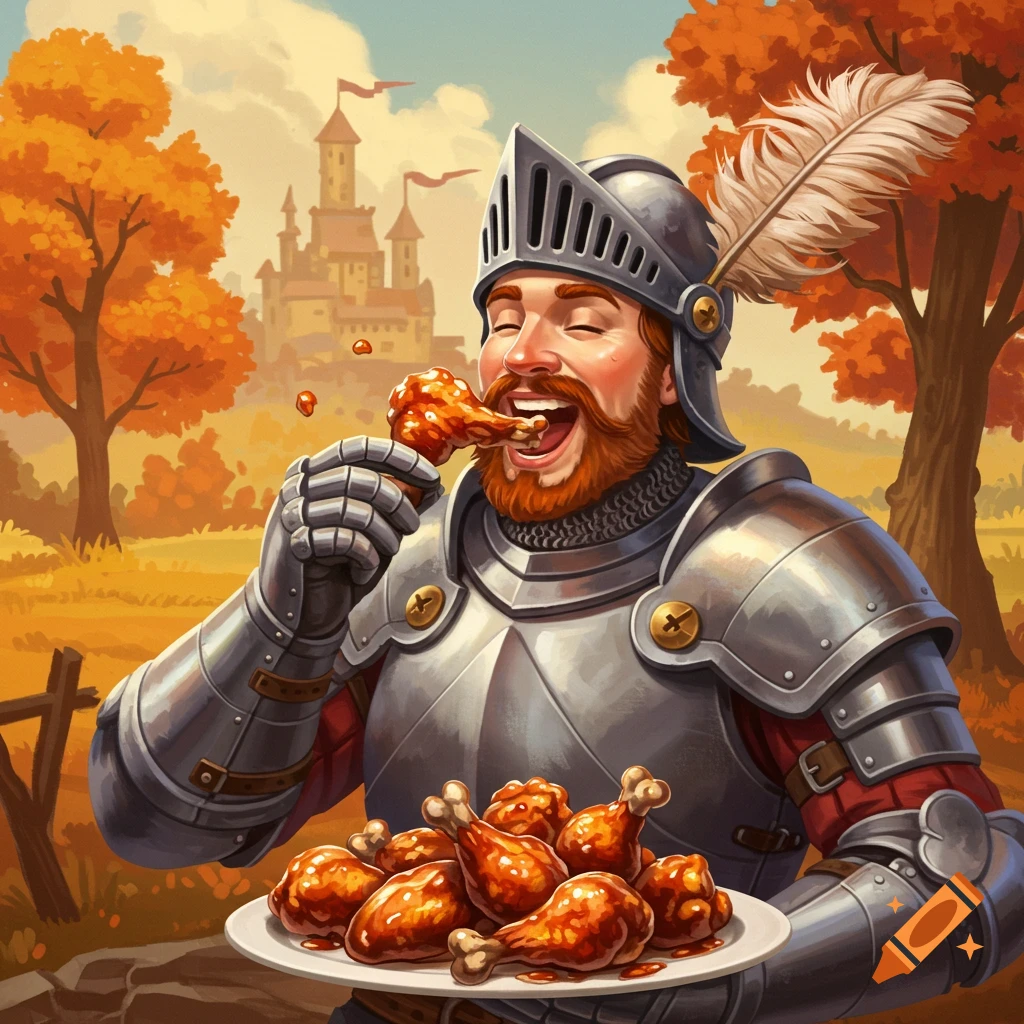 Knight eating chicken wings on Craiyon