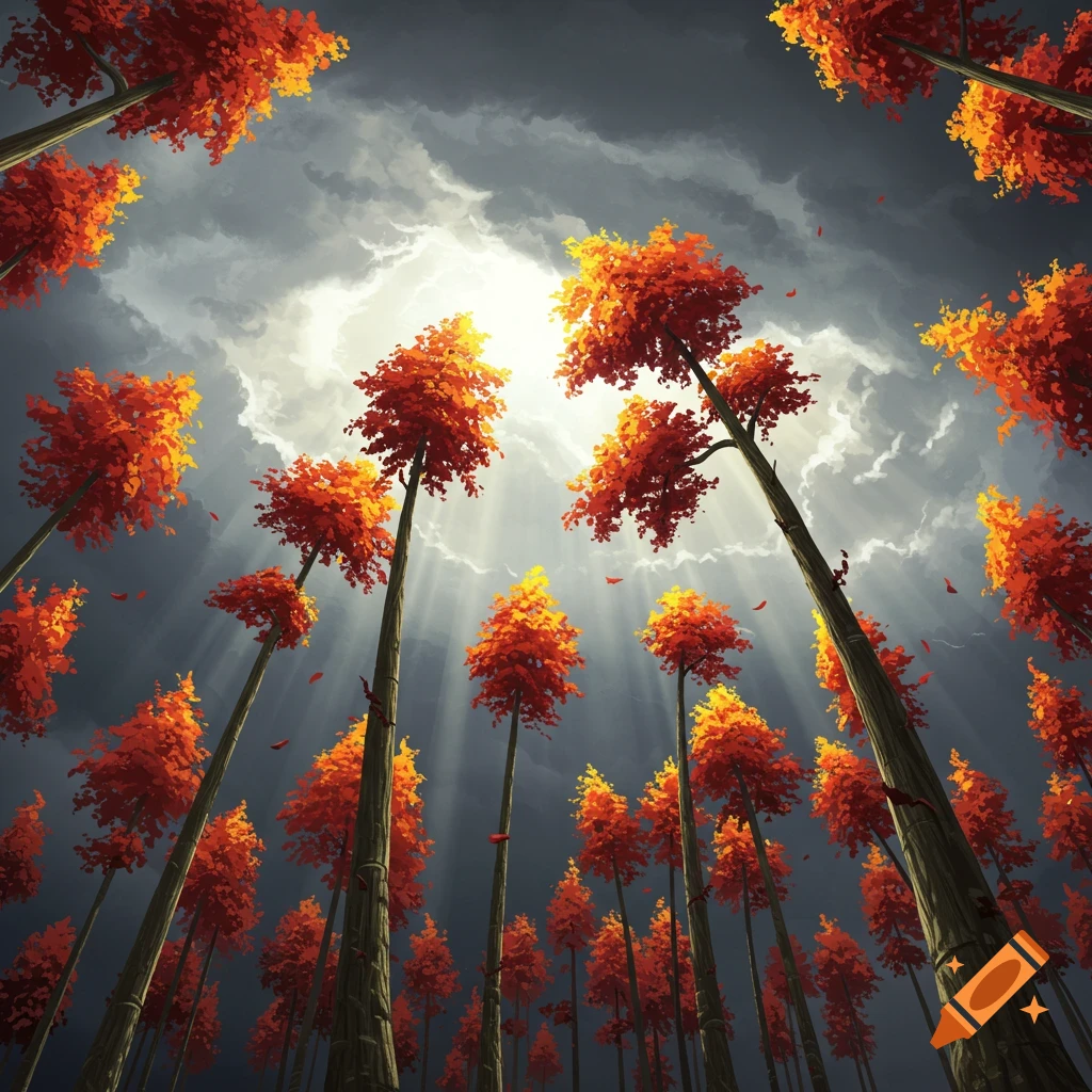 Looking up at tall trees with red and yellow autumn leaves against a stormy sky with sun rays breaking through.