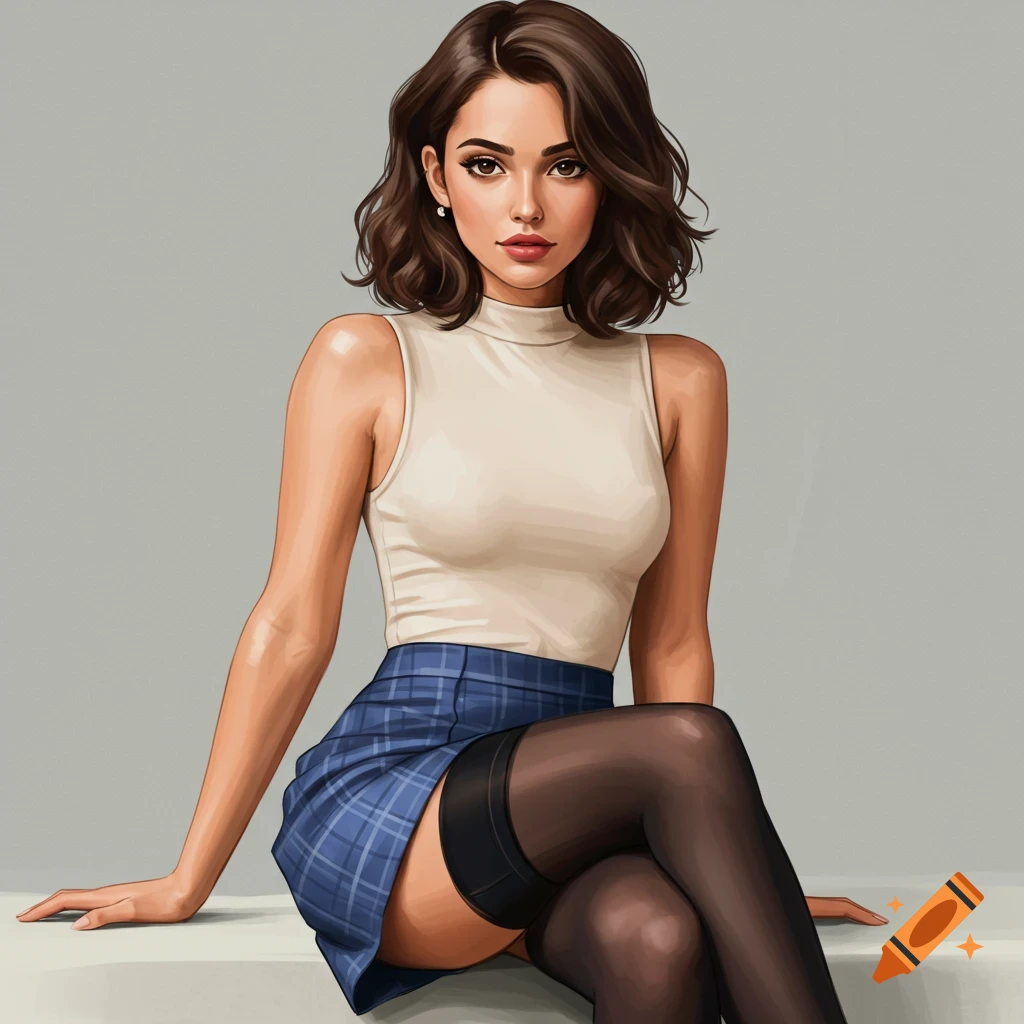 Illustration of a brunette woman in a cream tank top, blue plaid skirt, and black stockings, sitting.