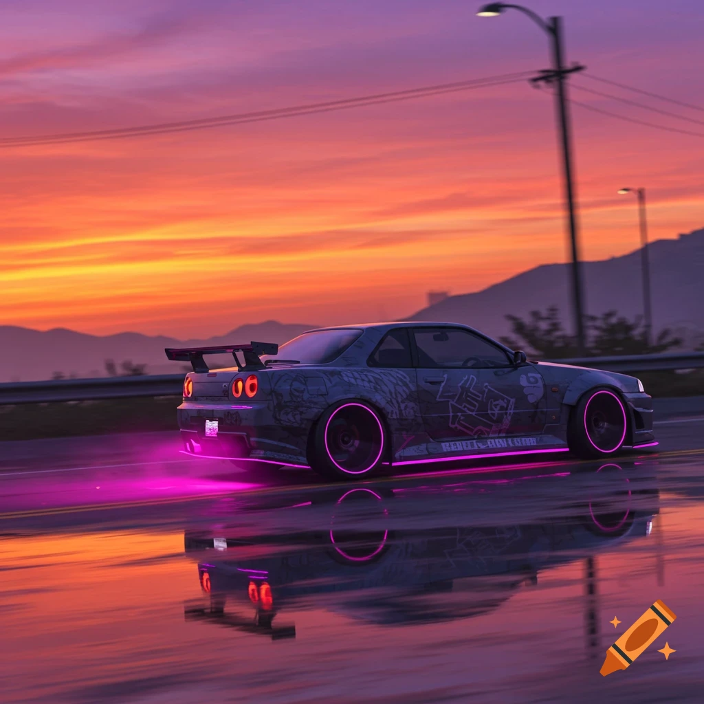 A customized car with neon pink lights drives on a wet road during a vibrant sunset.