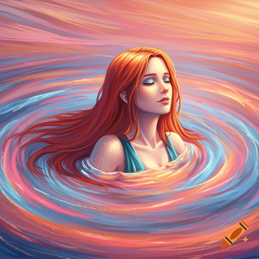 A woman with red hair floats in swirling pink, blue, and orange liquid, eyes closed.
