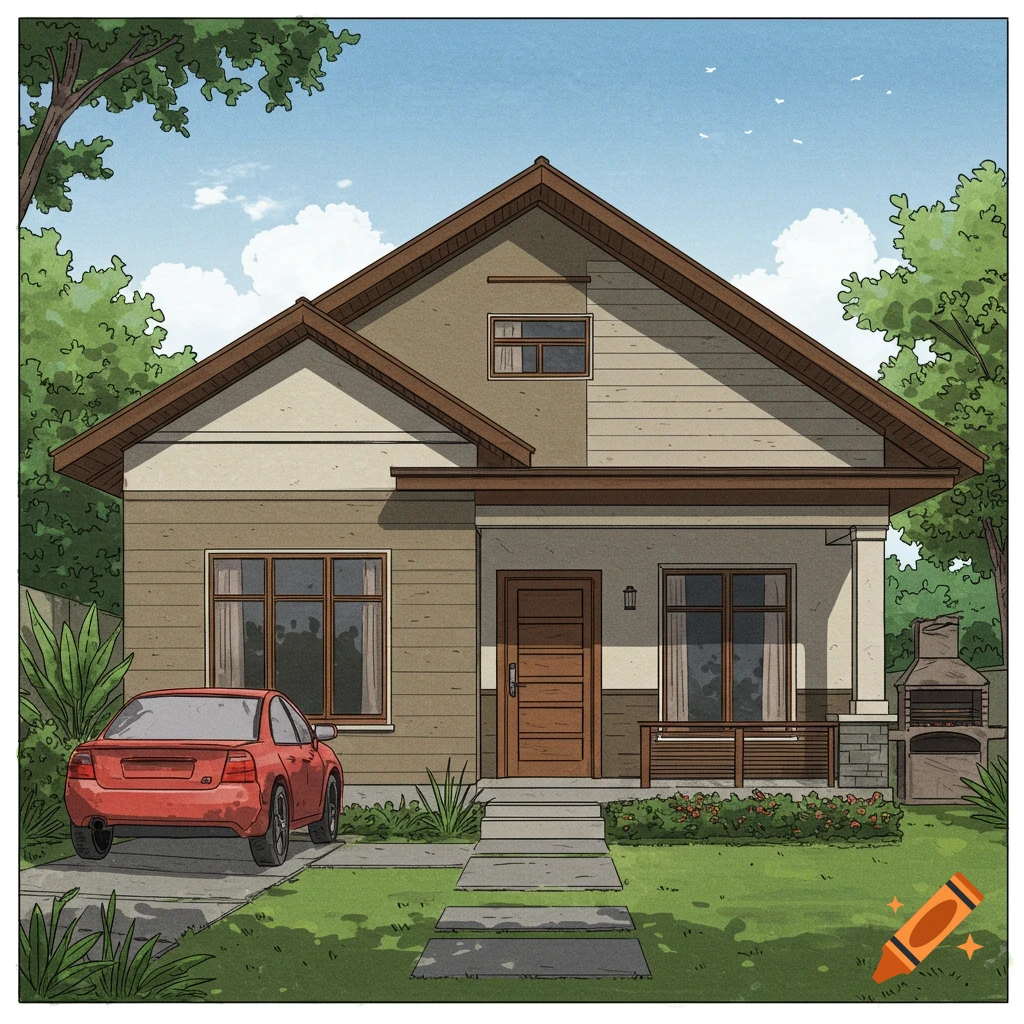 A stylized drawing of a single-story house with a red car in the driveway.