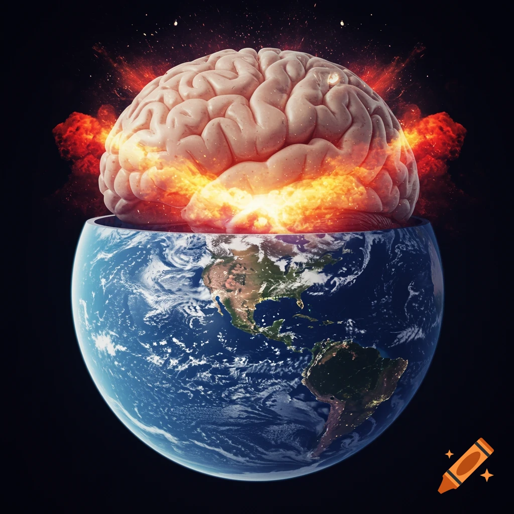 A human brain sits atop the Earth, bursting with fire and energy against a dark background.