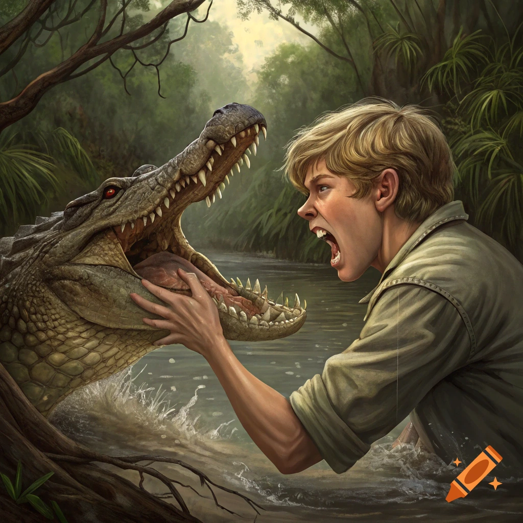 An illustration of a person struggling with a large crocodile in a river in a jungle.