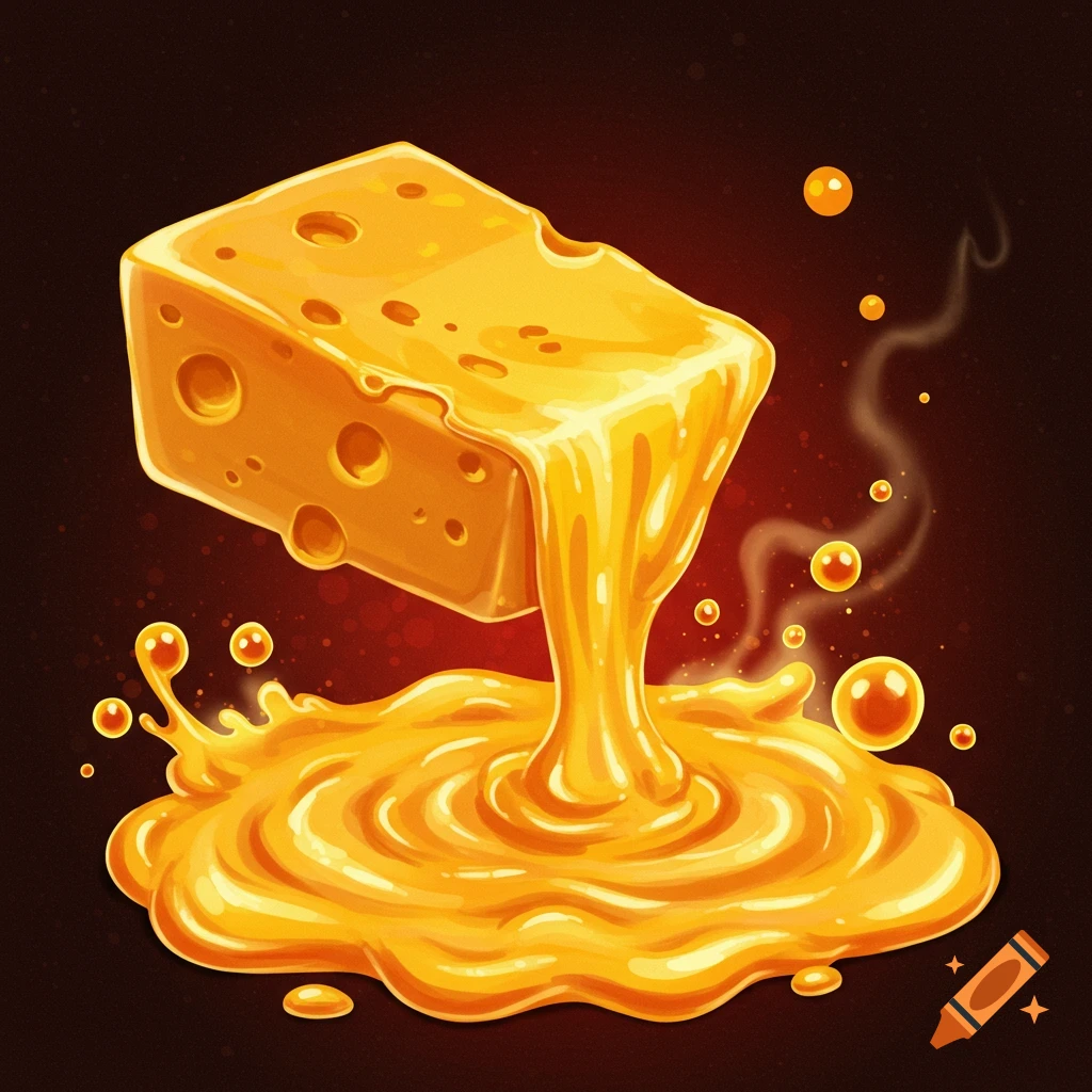 Stylized illustration of a block of cheese melting into a pool of orange liquid, with steam and bubbles.