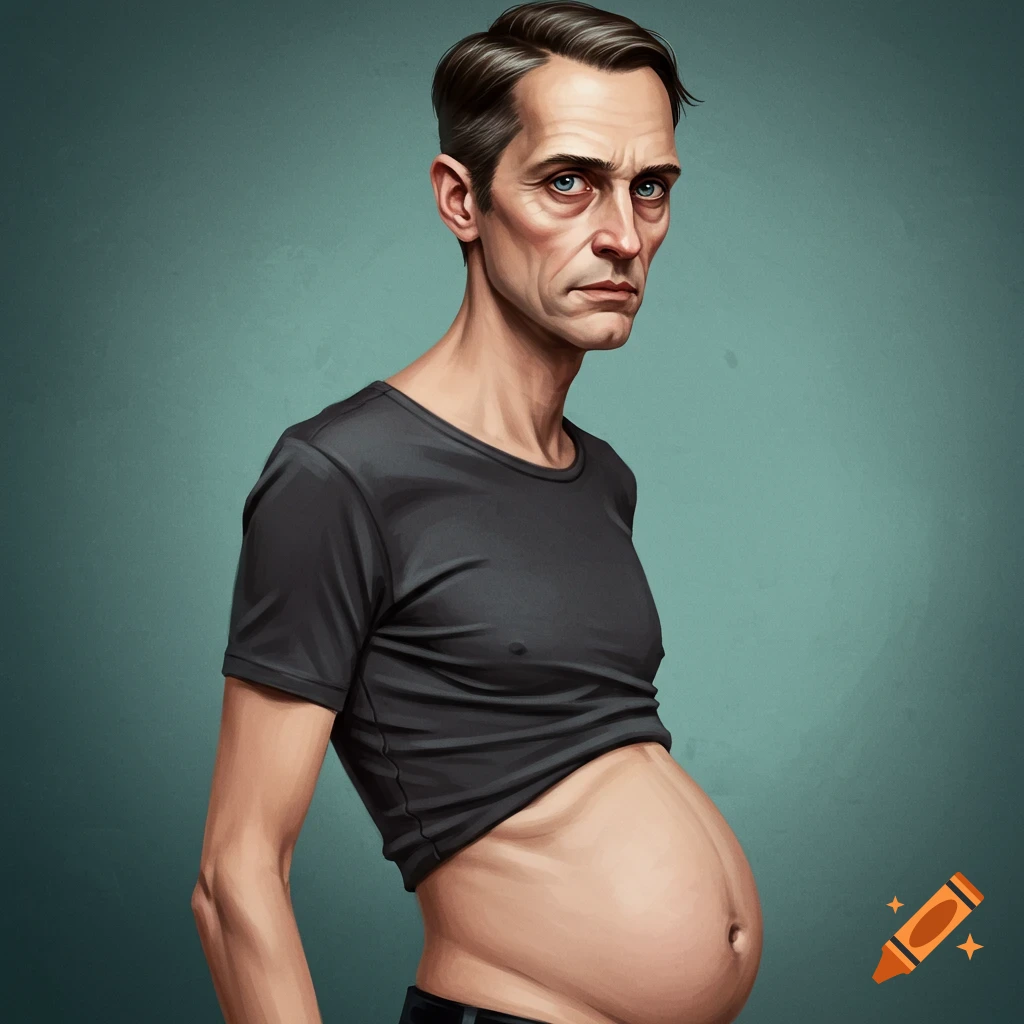 Stylized portrait of a thin man with a large stomach.