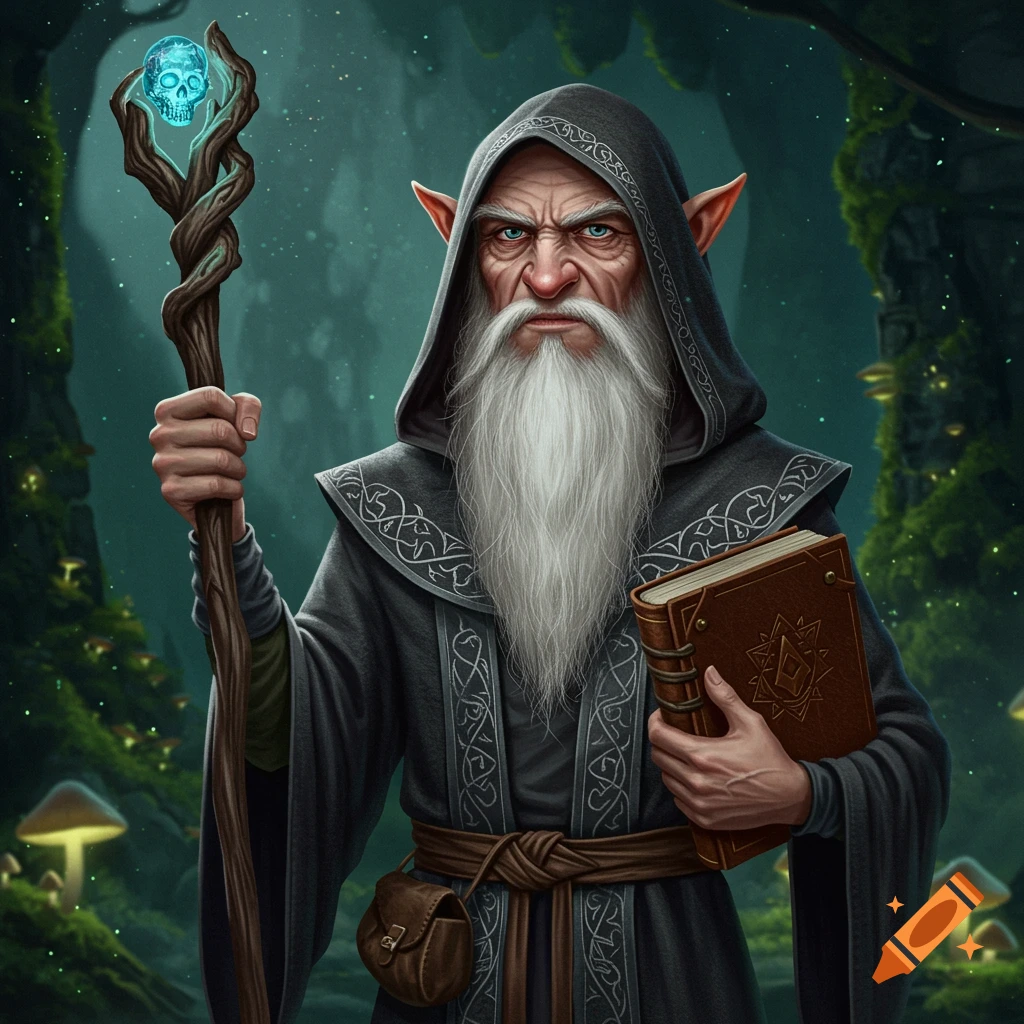 An elderly cranky elf sorcerer with a long white beard and hooded robe holds a staff topped with a glowing skull and a book in a magical forest.