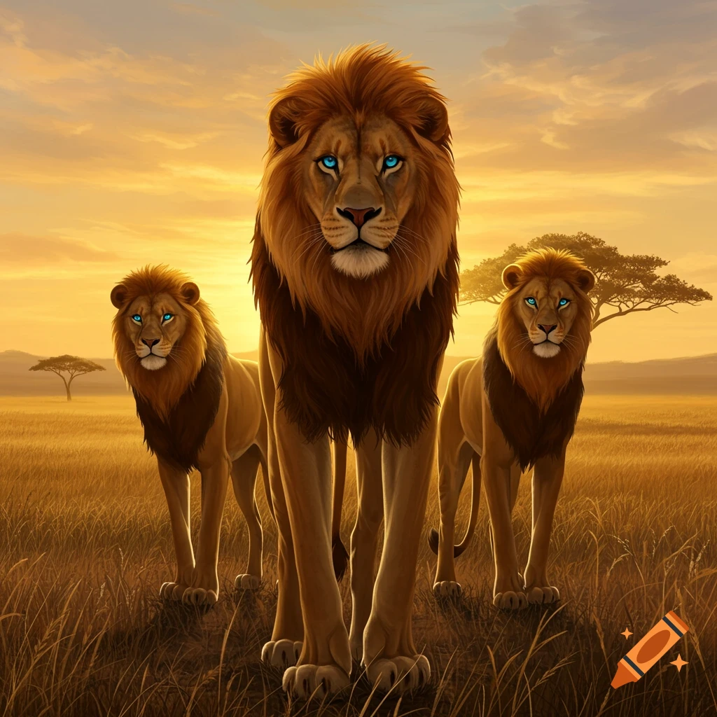 Three male lions with blue eyes in tall grass at sunset, stylized illustration.