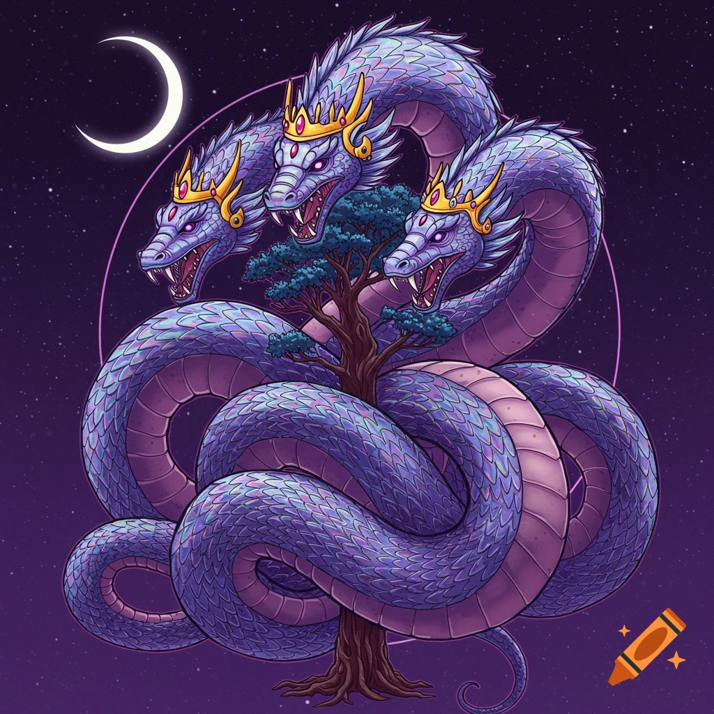 Three-headed purple dragon with crowns wrapped around a tree, crescent moon and stars in the background, illustration style.