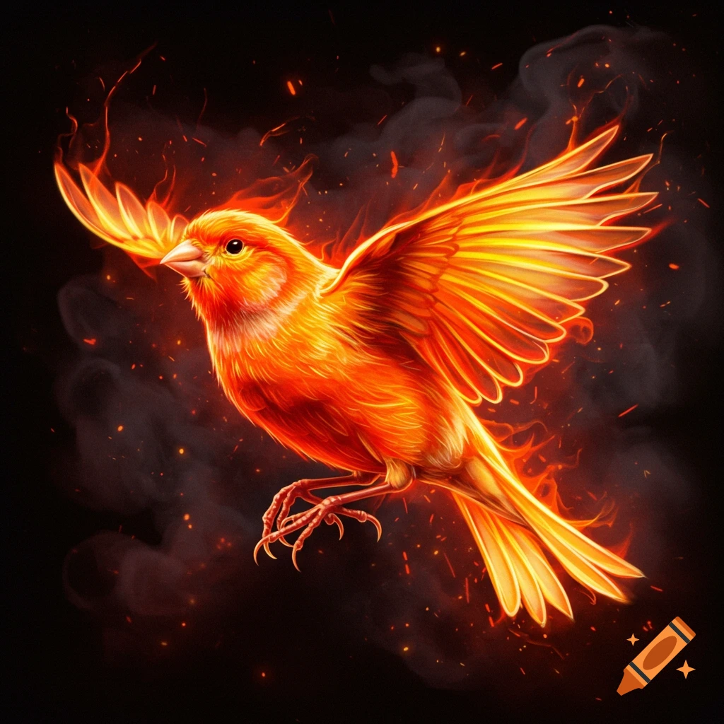 Illustrated fiery bird soaring with wings spread, engulfed in orange and yellow flames and sparks against a dark background.