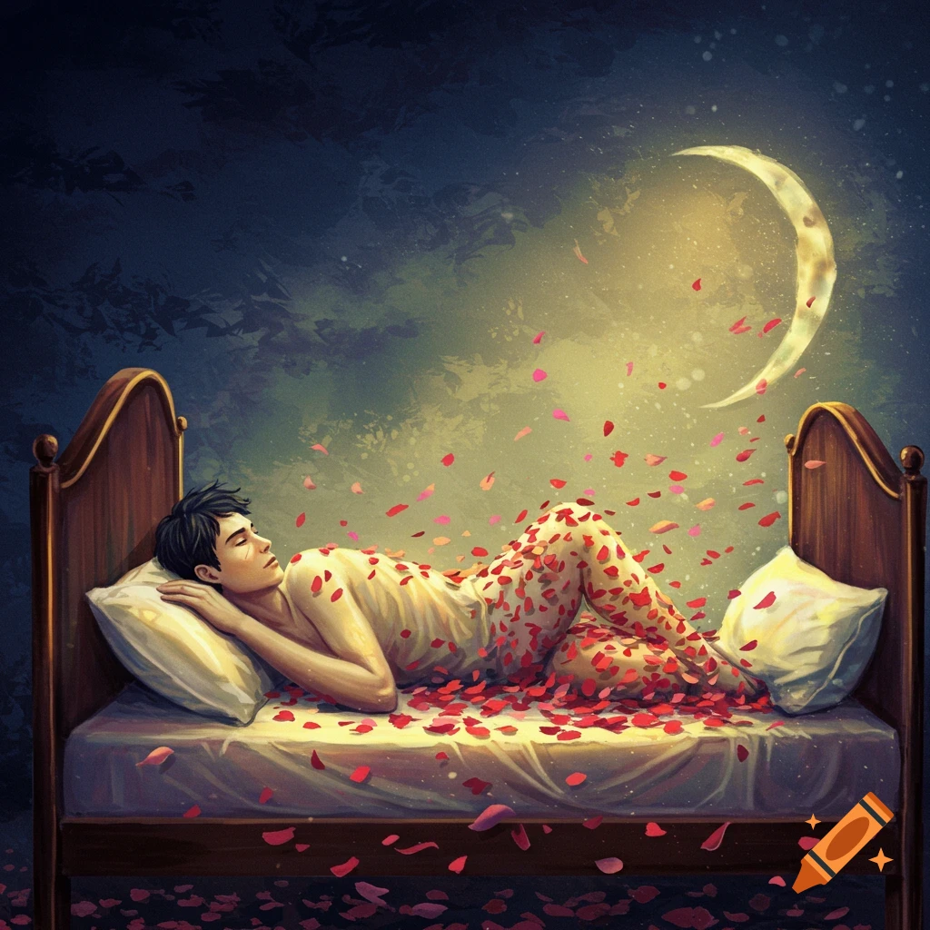 A man sleeps in a bed covered in red rose petals under a crescent moon at night. Painted style.