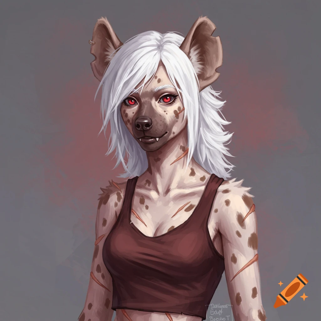 Portrait of a female hyena demihuman with white hair, red eyes, and scars, wearing a tank top.