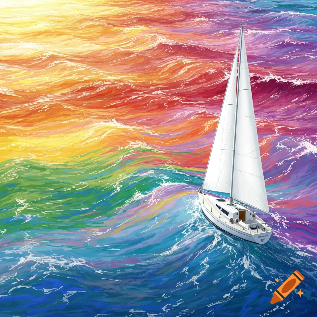 A sailboat sails on colorful waves in rainbow colors.