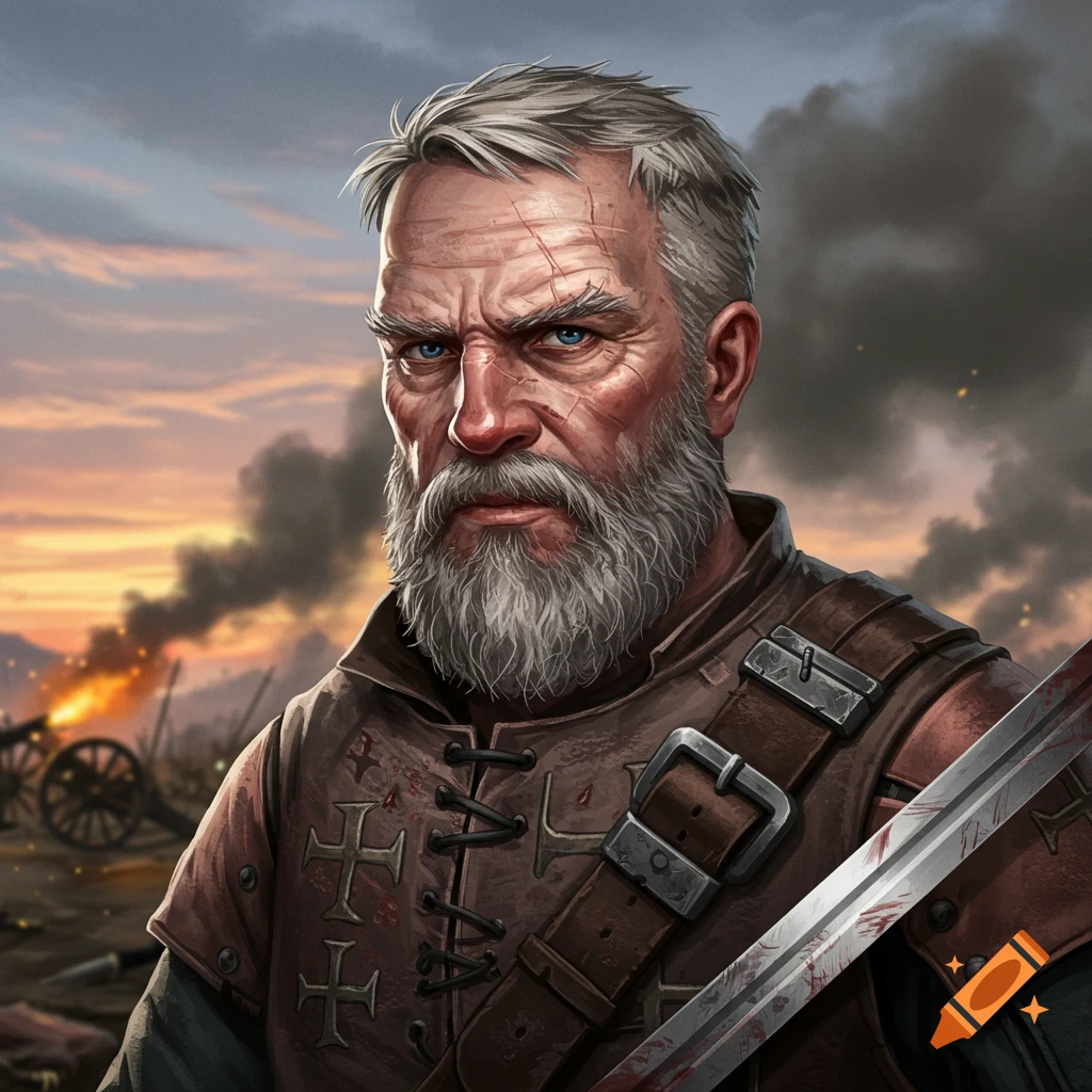 Detailed portrait of an old scarred warrior with a grey beard and a bloody sword on a smoky battlefield at sunset.