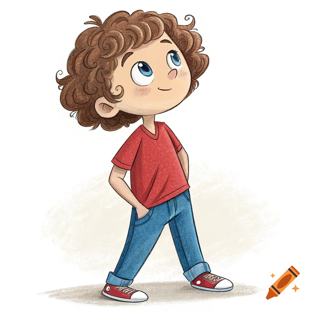 Cartoon illustration of a boy with curly brown hair and blue eyes, wearing a red shirt and jeans, looking up.