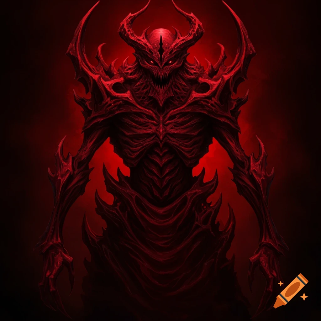 Full shot of a red demonic creature with horns and glowing eyes, fantasy horror style