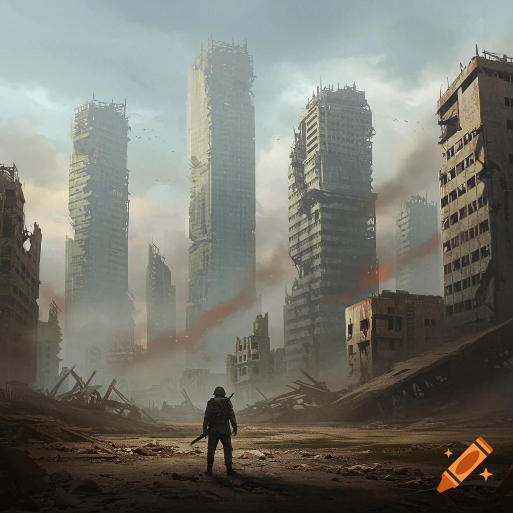 A soldier stands in the ruins of a destroyed city with towering skyscrapers.