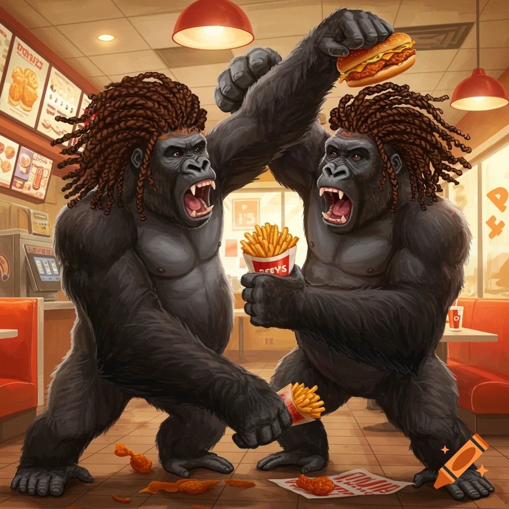 Two gorillas with braided hair fighting over fast food in a restaurant, illustration style