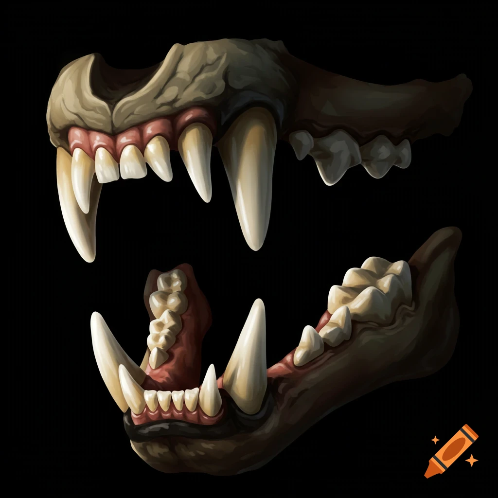 Detailed illustration of open wolf jaws with fangs on a black background.