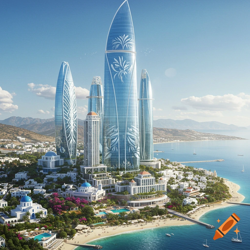 Modern city with futuristic glass skyscrapers and white buildings on a sunny coast with a beach.