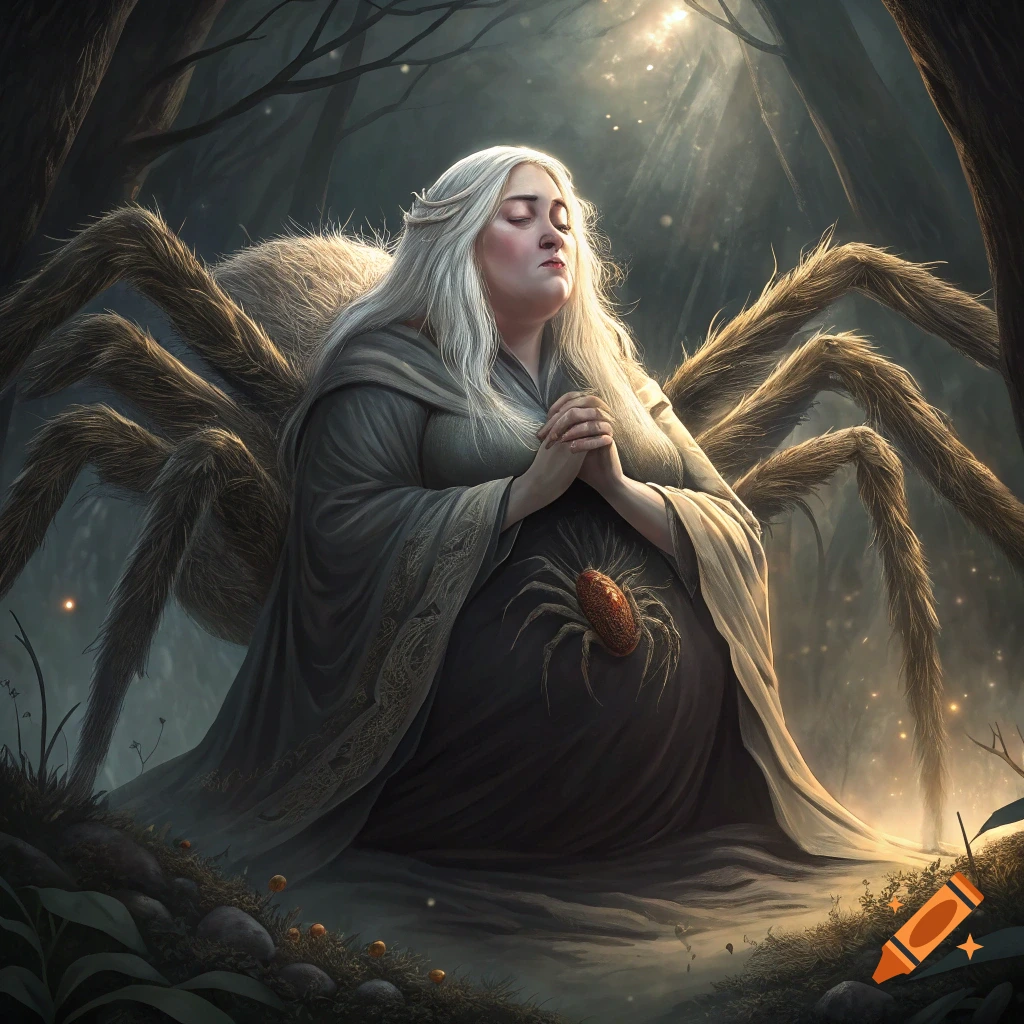 A woman with spider legs in a dark forest, praying in a beam of light.