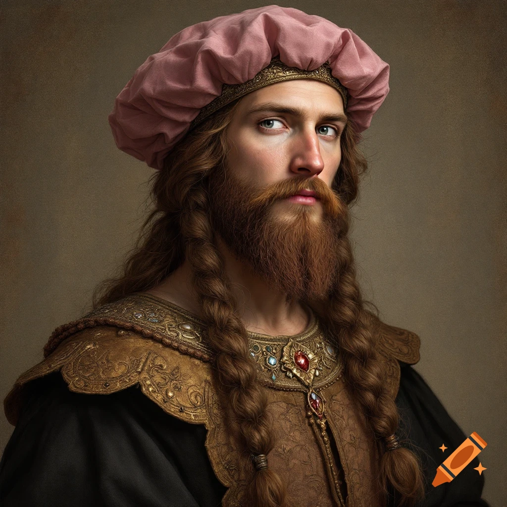 Realistic portrait of a person in historical attire with a pink hat and ornate garments.