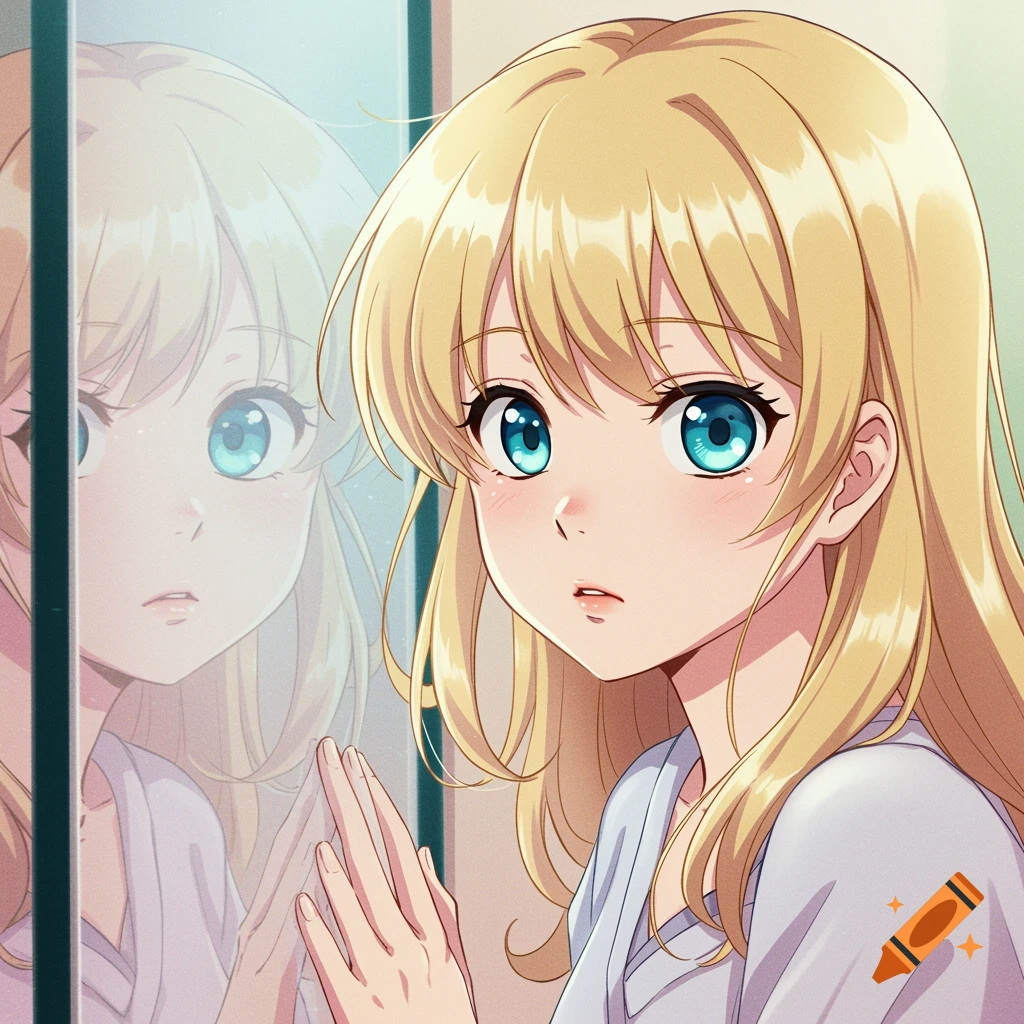 An anime girl with blonde hair and blue eyes looks at her reflection in glass.