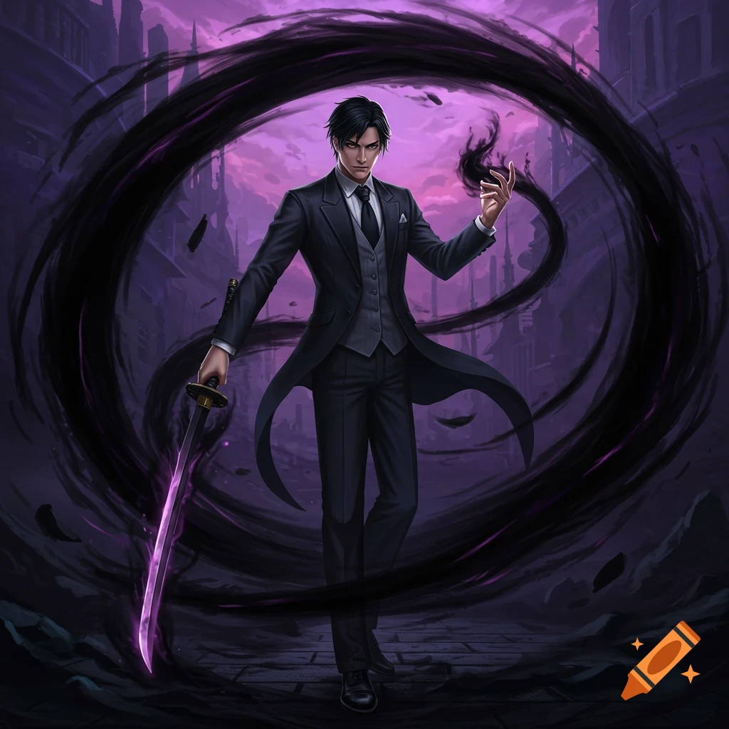 Black-haired man in a suit with a sword manipulating dark magic in a stylized city setting, anime art.