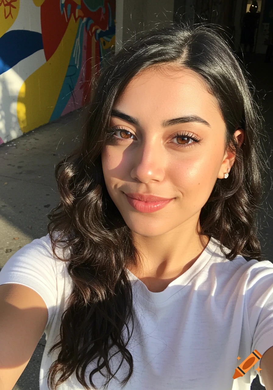 A young woman smiles while taking a selfie outside with a colorful mural behind her.