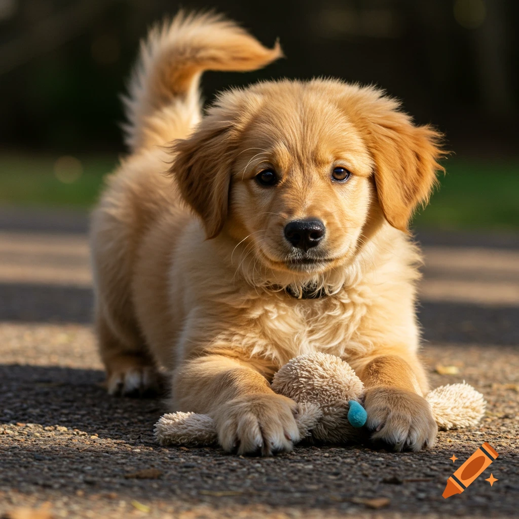 A golden retriever puppy lies on a path with a toy