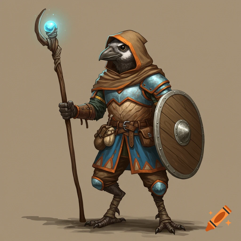 A fantasy illustration of a kenku character wearing armor and a hooded cloak, holding a glowing staff and a shield.