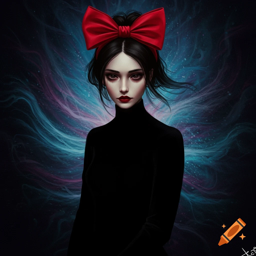 A woman wearing a red bow and black turtleneck stands against a surreal background.