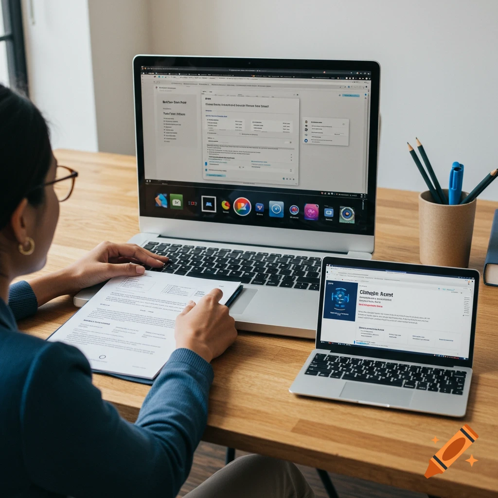A person works at a desk with two laptops and a document.