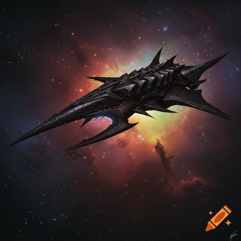 A sleek, dark alien starship with a predatory look floats in space against a colorful nebula background.