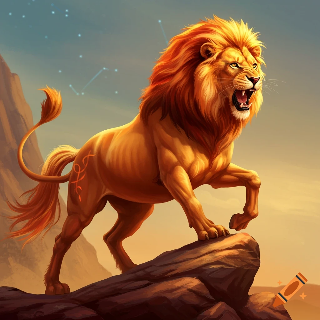 A powerful golden fantasy lion with a fiery mane stands roaring on a rock under a starry sky with a constellation.