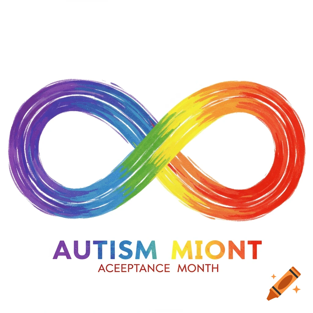 A rainbow-colored infinity symbol drawn with brush strokes above the text 'AUTISM MIONT ACEEPTANCE MONTH'.