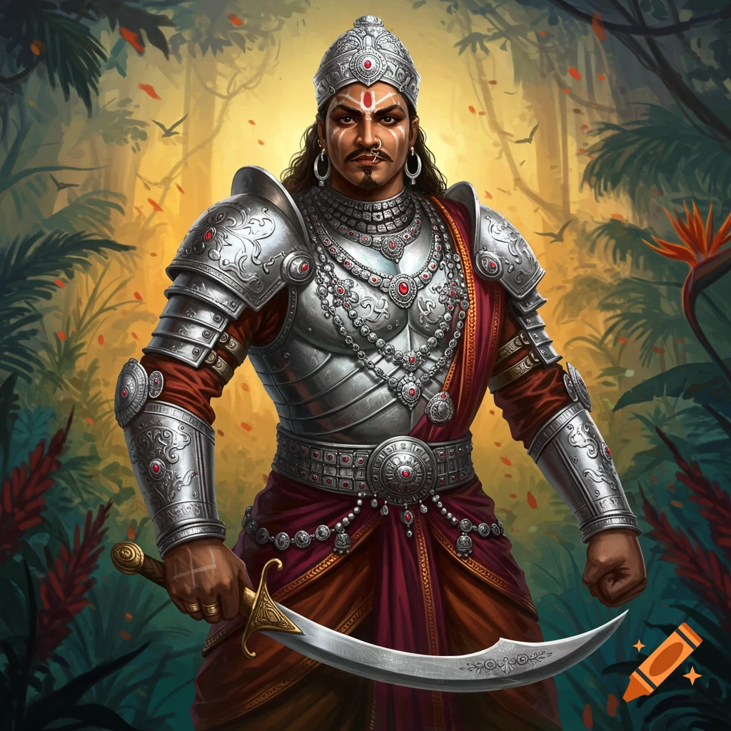 Indian fantasy warrior in silver armor and jewelry holding a sword in a forest.