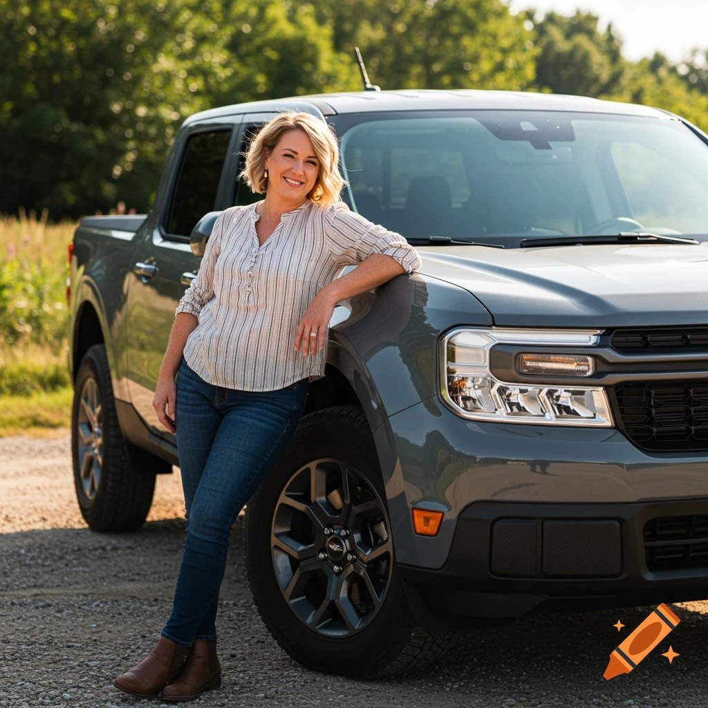Woman leaning on the front fender of a gray Ford Maverick truck outdoors.