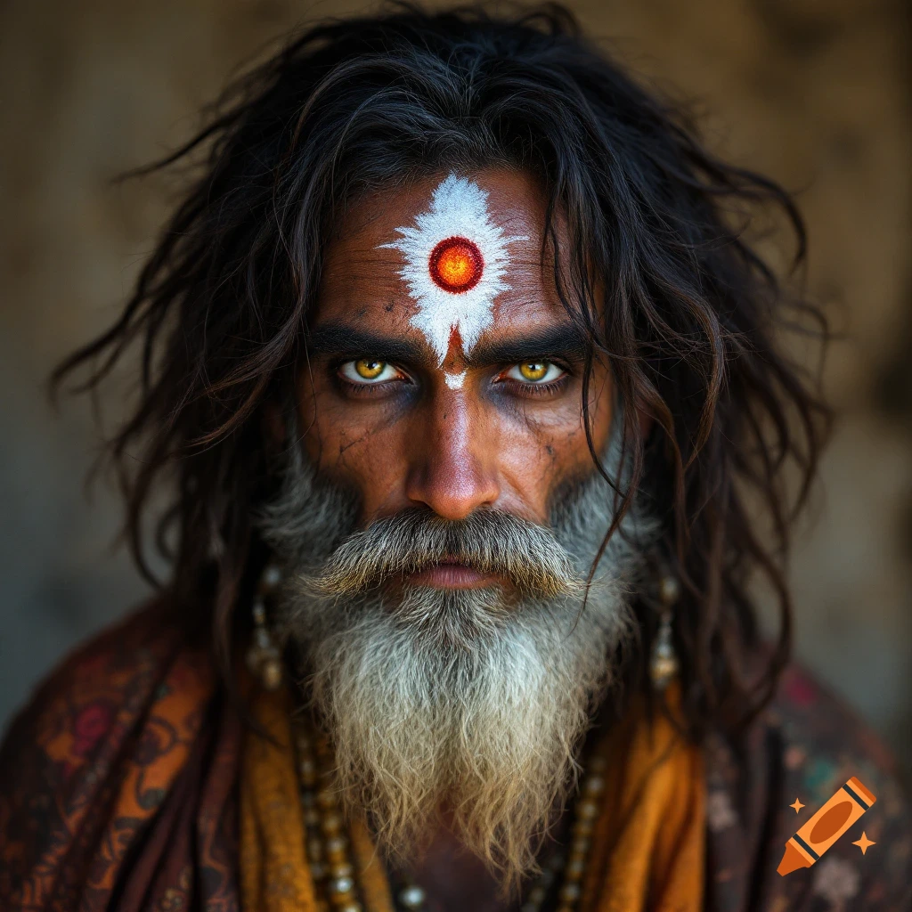 Close-up photorealistic portrait of a man with striking yellow eyes, grey beard, and traditional white and red forehead markings.