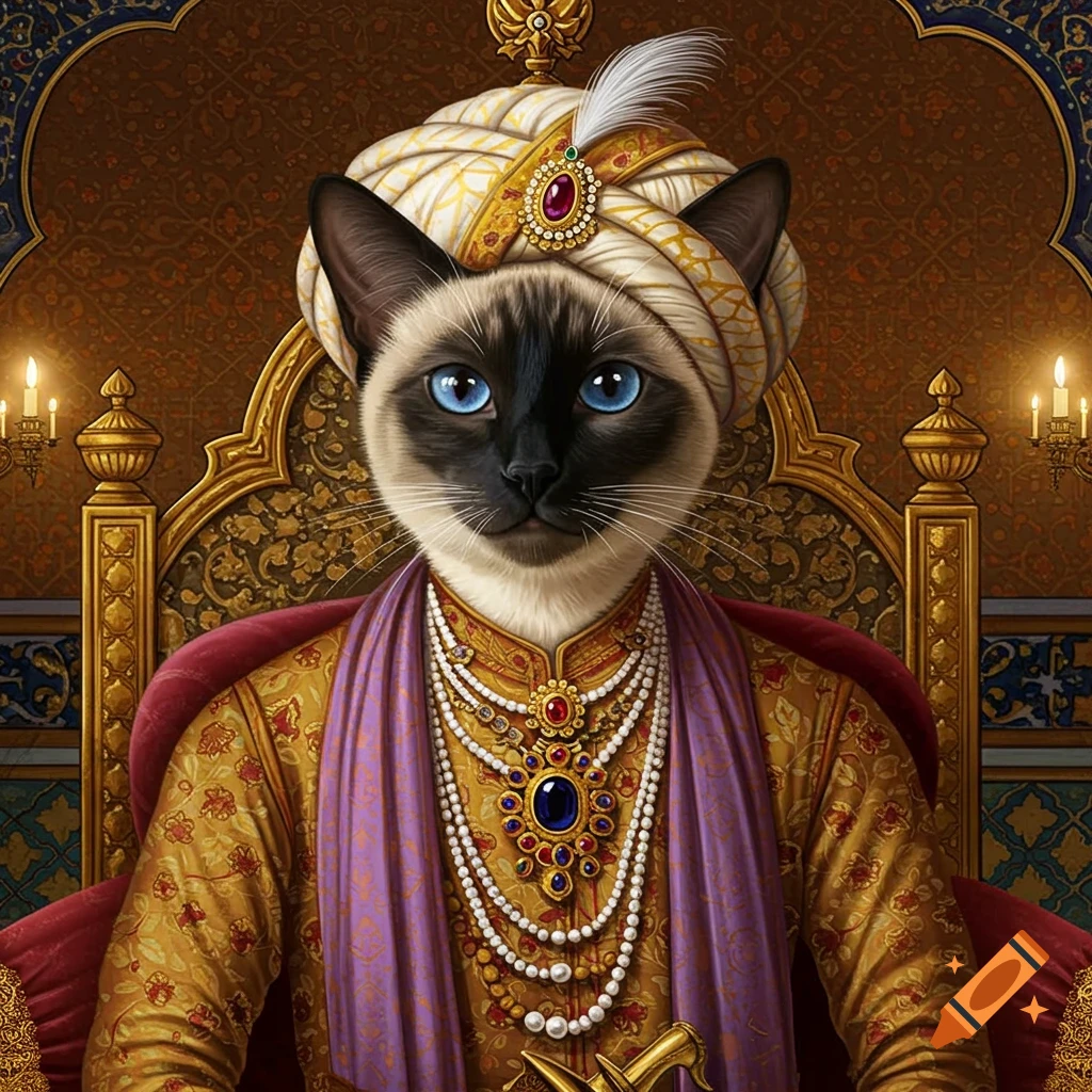 A Siamese cat in ornate Mughal emperor attire sits on a golden throne.