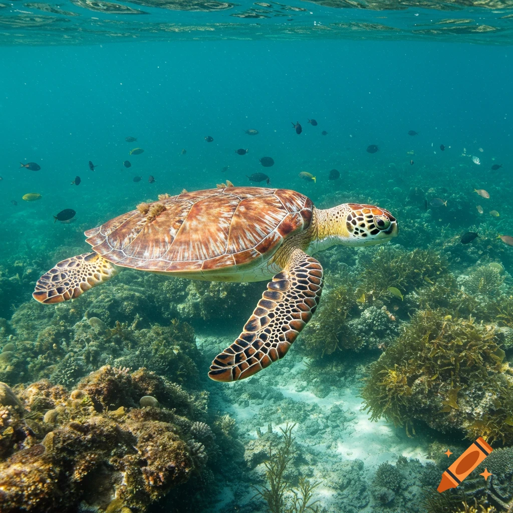 A sea turtle swims over a coral reef among small fish in clear blue water.