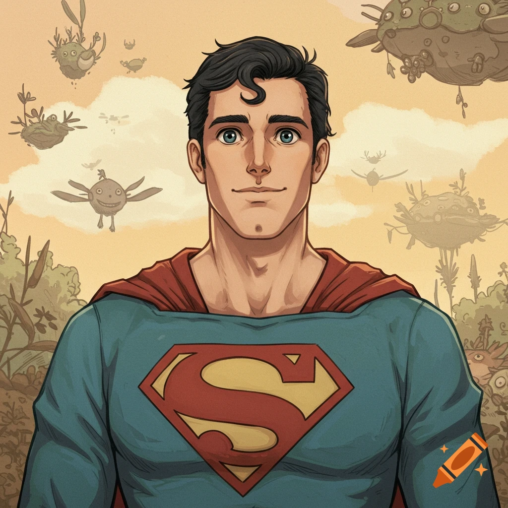 Superman in Studio Ghibli style with whimsical background elements.